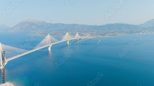 Patras, Greece. The Rio-Antirrio Bridge. Officially the Charilaos Trikoupis Bridge. Bridge over the Gulf of Corinth (Strait of Rion and Andirion), Aerial View