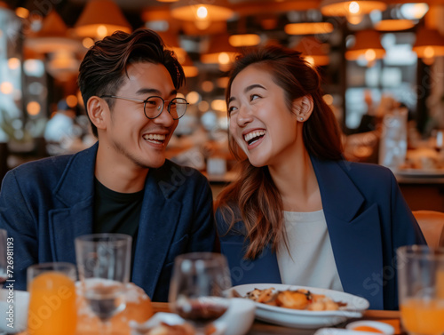 A man and woman smile at each other across a restaurant table having a luxury dinner