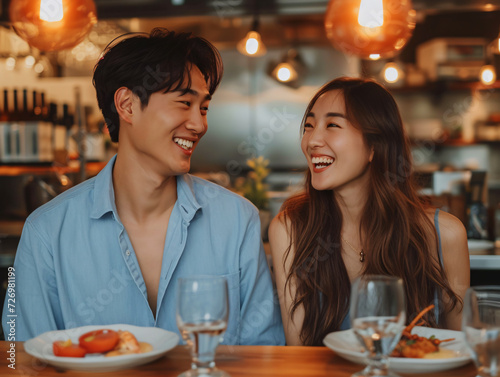 A man and woman smile at each other across a restaurant table having a luxury dinner