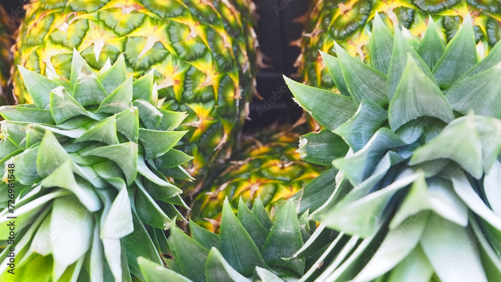 Obraz premium Group of whole ripe pineapples on a wooden shelf