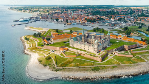 Helsingor, Denmark. A 16th-century castle with a banquet hall and royal chambers. The prototype of Elsinore Castle in the play Hamlet, Aerial View photo
