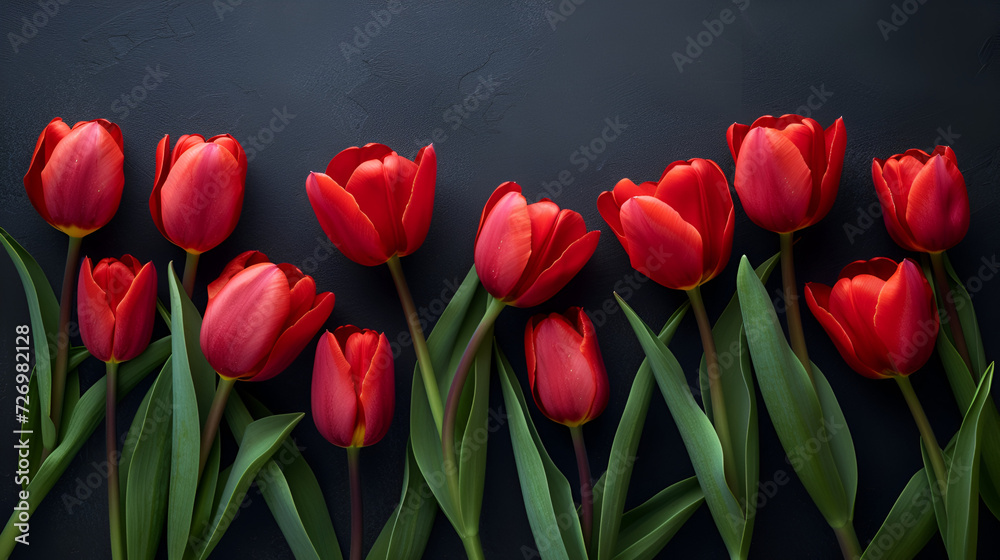 Red tulip flowers on black border background top view.generative ai