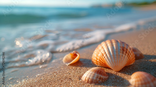 seashells on seashore beach holiday background, generative ai © Saleem