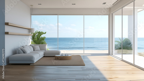 Sea view living room with wooden floor and empty white wall background in luxury beach house  Modern interior of vacation home - Office lounge 3D rendering. generative ai