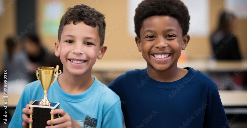 Two young students joyfully holding a science fair trophy in a ...