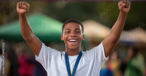 Victory moment of a young athlete celebrating with a medal, joy and triumph in the air, against a cheering crowd backdrop.