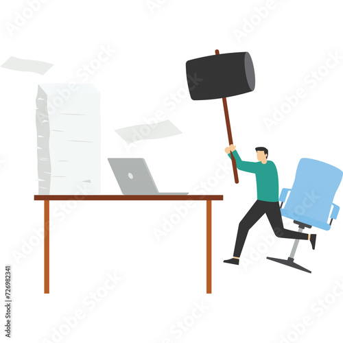 Angry boss smashed the computer on the desk, Vector illustration in flat style

