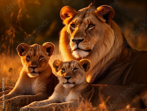 Lions family with cubs lying down in a grassy field in the jungle