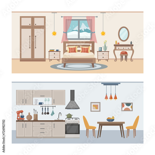 Apartment inside. Set with interiors, bathroom, living room and bedroom. Furnished rooms. Flat vector illustration of rooms with furniture.
