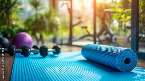 Yoga Wellness: Active Lifestyle and Exercise on a Blue Mat with Gym Equipment