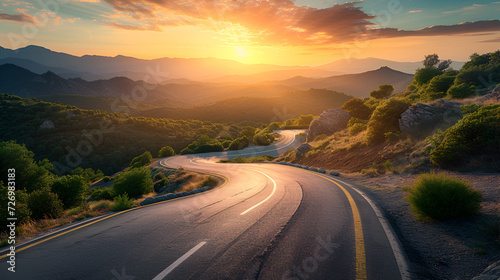 rental car in spain mountain landscape road at sunset. generative ai photo