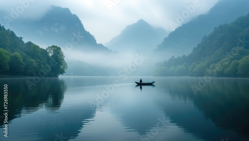 Foggy morning on the lake in the mountains. Nature composition. © Meow Creations