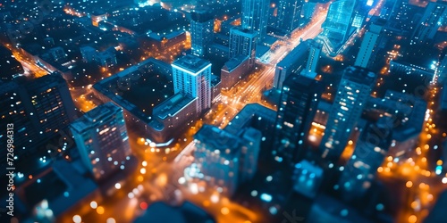 Dazzling cityscape at twilight, glowing streets and skyscrapers. urban night life captured from above. perfect for background usage. AI