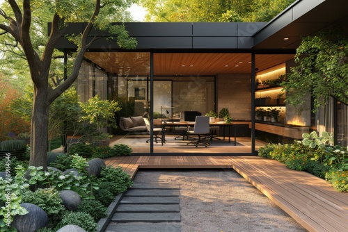 Glass-Walled Home Office Amidst Green Garden 