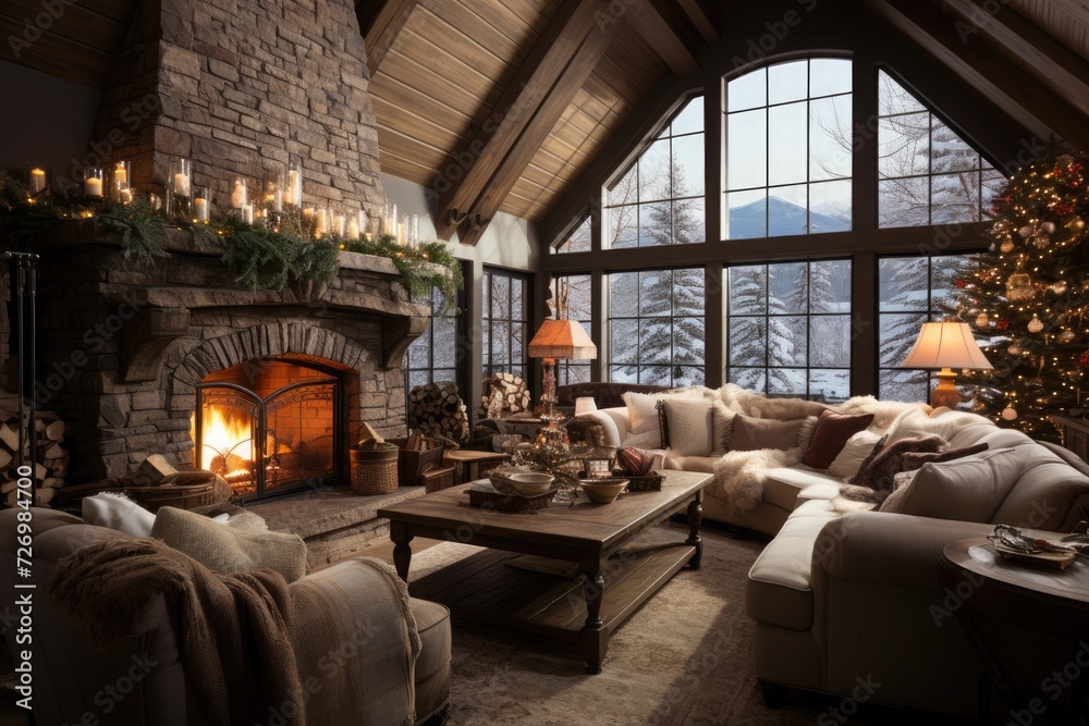 A welcoming and cozy living room adorned with festive holiday trimmings and a crackling fireplace, perfect for the holiday season A welcoming and cozy living room adorned with festive holiday trimmings and a crackling fireplace, perfect for the holiday season