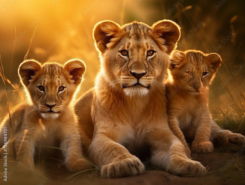 Lions family with cubs lying down in a grassy field in the jungle Lions family with cubs lying down in a grassy field in the jungle