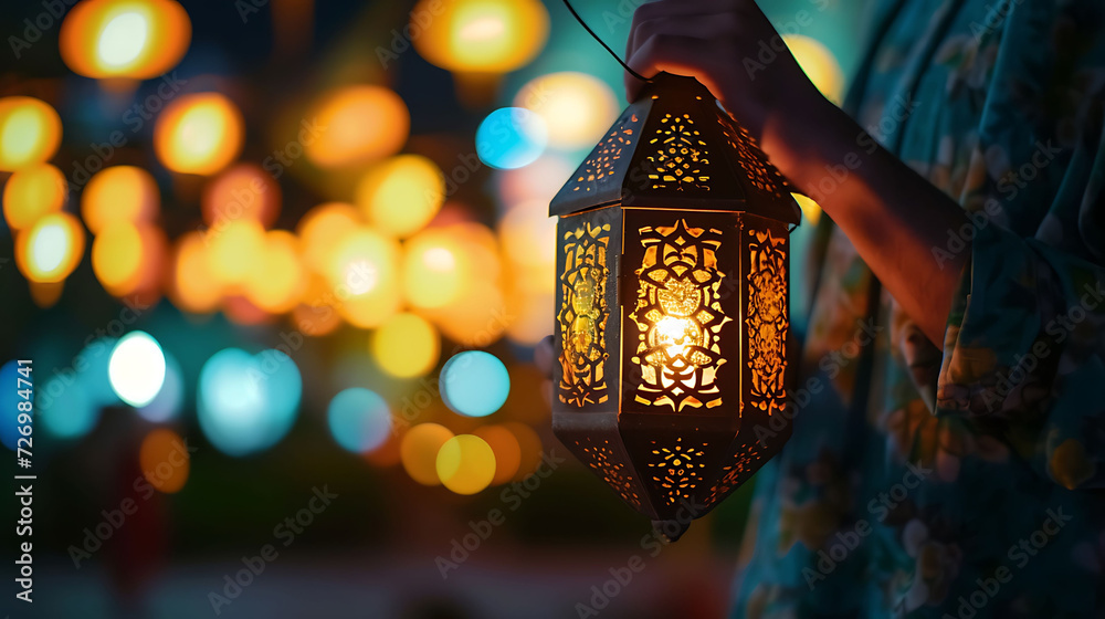 Muslim man holding arabic lantern, Ramadan kareem background