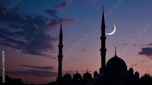 islamic background of silhouette islamic mosque at night with moon on blue sky