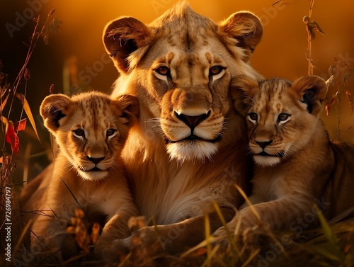 Lions family with cubs lying down in a grassy field in the jungle
