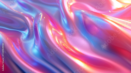 Colorful abstract wavy, flowing liquid texture in shades of pink, purple, and blue. The background appears to be made of holographic glass, shiny and reflective