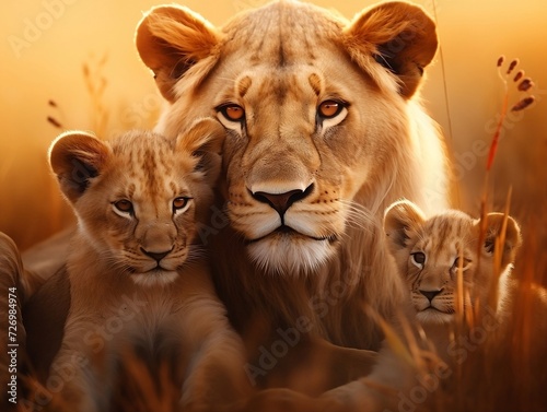 Lions family with cubs lying down in a grassy field in the jungle