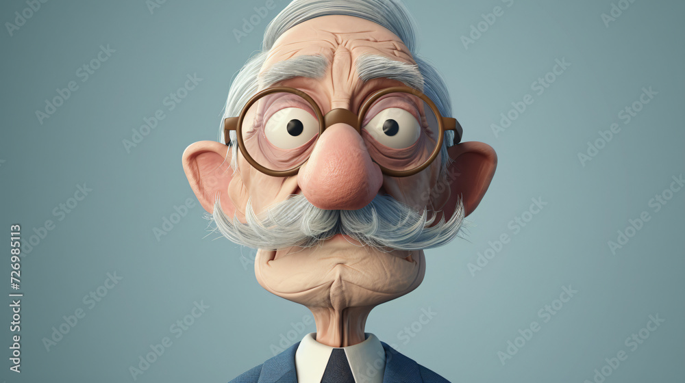 A charming cartoon illustration of an elderly gentleman with a monocle, exuding sophistication and refinement. Dressed in a stylish slate blue suit, this 3D headshot captures his distinguish