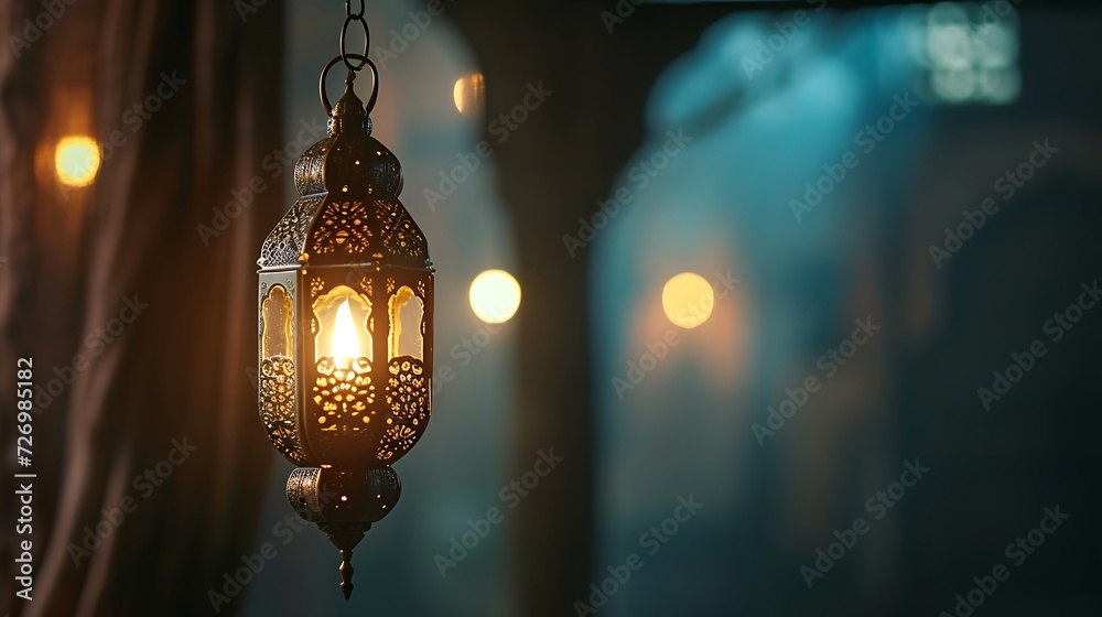 Hanging Ornamental Arabic lantern glowing at night invitation for Muslim holy month Ramadan Kareem
