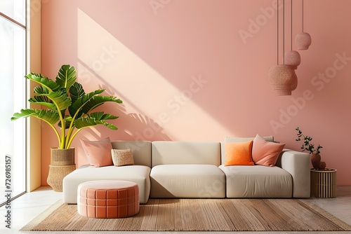 Modern living room interior with comfortable sofa and sunlight. minimalist style home decor with plants. cozy apartment concept. AI