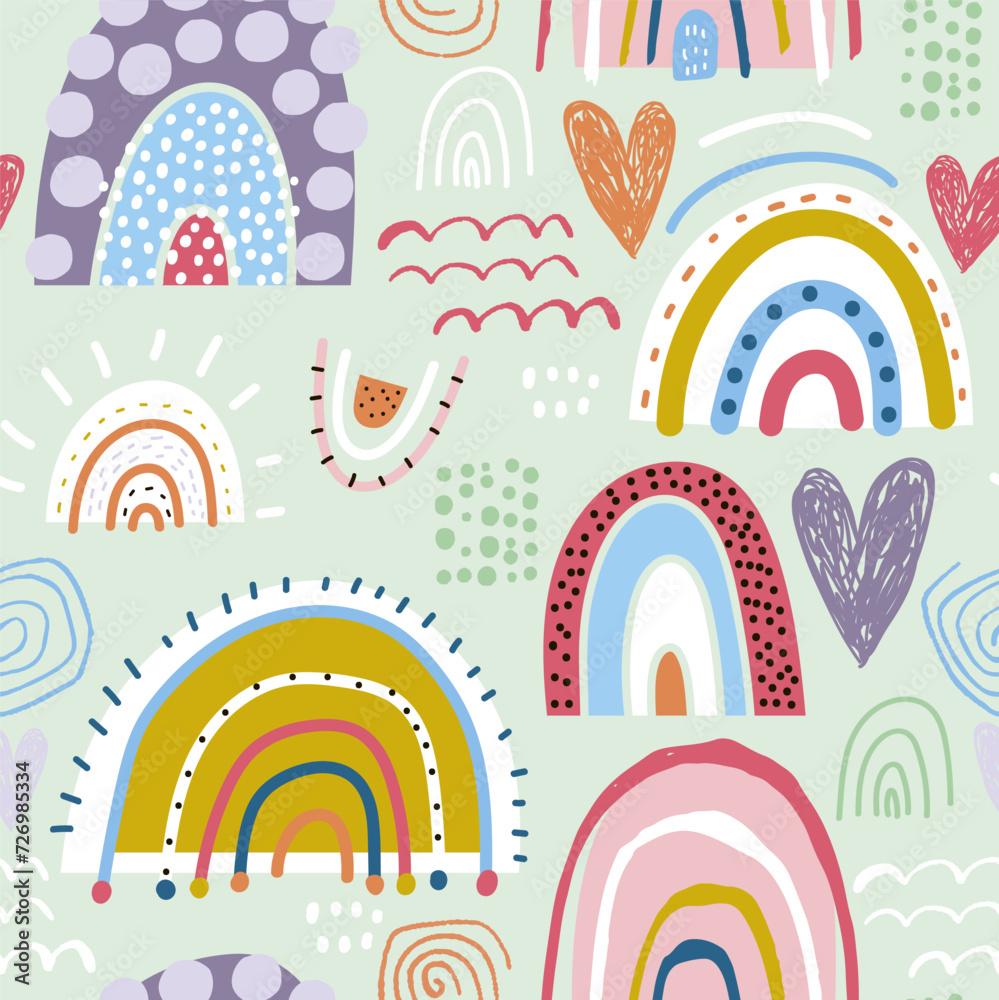 Childish seamless pattern with creative rainbows, hearts and hand drawn textures. Trendy kids vector background.