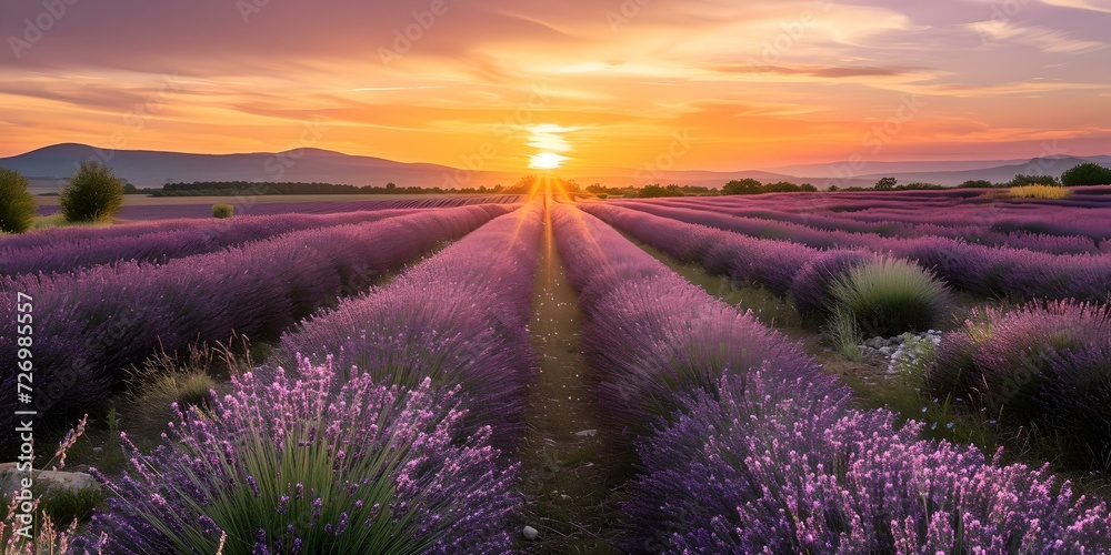 Sunset over lavender fields in full bloom. serene and picturesque landscape. ideal for nature themes and relaxation. AI