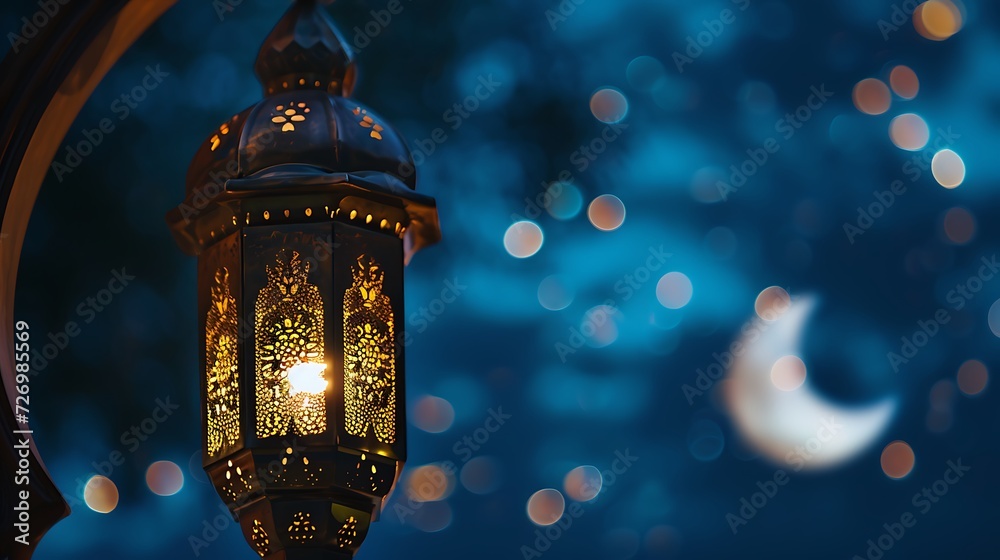 Hanging Ornamental Arabic lantern glowing at night invitation for Muslim holy month Ramadan Kareem Hanging Ornamental Arabic lantern glowing at night invitation for Muslim holy month Ramadan Kareem