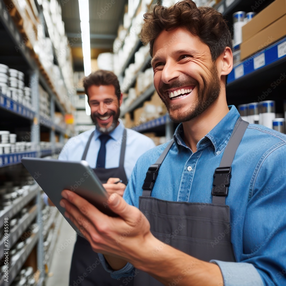 Fototapeta premium smiling and laughing salesman in a warehouse standing checking supplies on his tablet