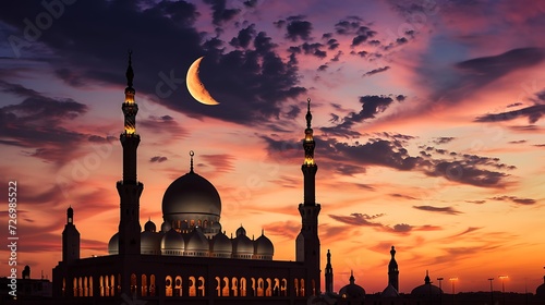 islamic background of silhouette islamic mosque at night with moon on blue sky