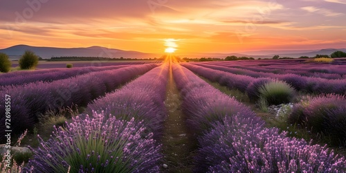 Sunset over lavender fields in full bloom. serene and picturesque landscape. ideal for nature themes and relaxation. AI