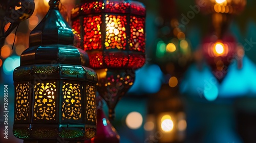 Hanging Ornamental Arabic lantern glowing at night invitation for Muslim holy month Ramadan Kareem