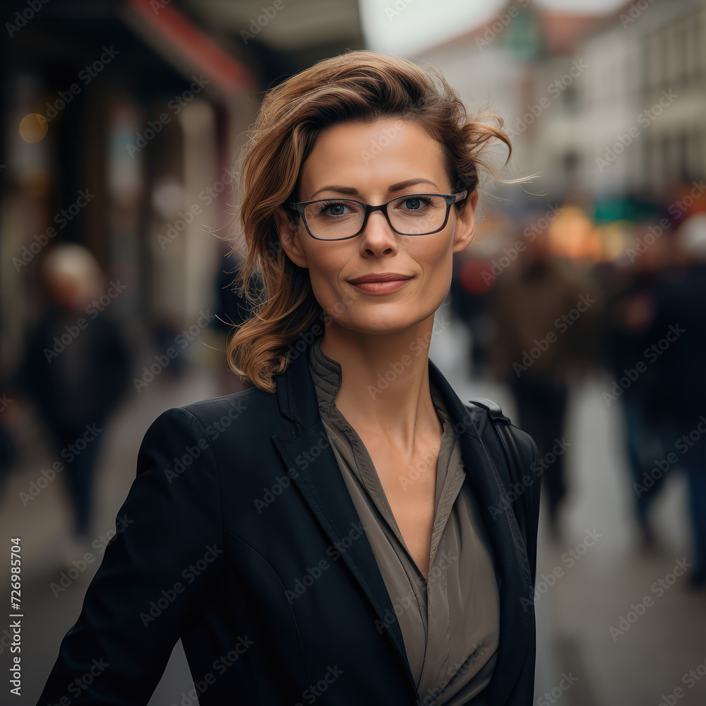 Portrait of a mature businesswoman with glasses on a blurry, bokeh background of street. Portrait of a mature businesswoman with glasses on a blurry, bokeh background of street.