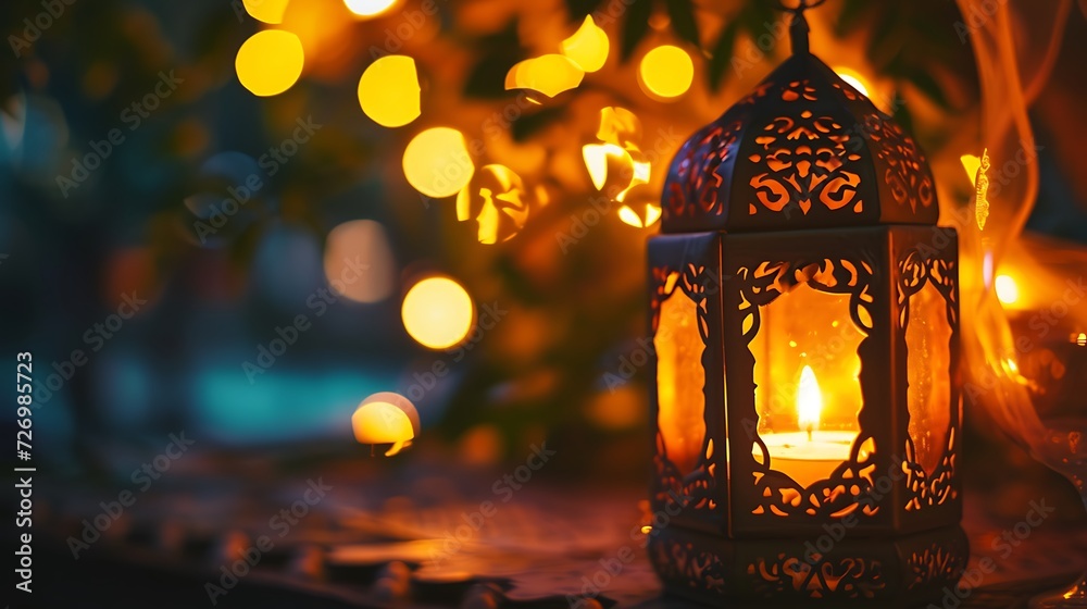 Ornamental Arabic lantern with burning candle glowing at night invitation for Muslim holy month Ramadan Kareem