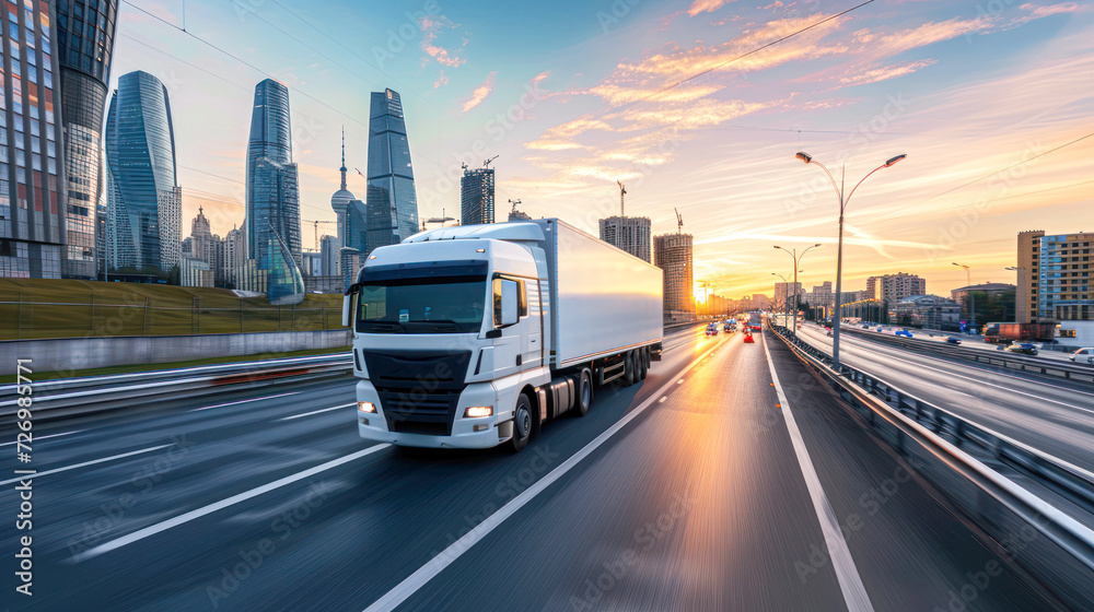 Naklejka premium A white delivery truck speeding down the highway against a backdrop of an urban skyline at sunset.