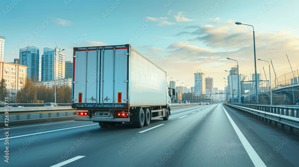 A white delivery truck speeding down the highway against a backdrop of an urban skyline at sunset. A white delivery truck speeding down the highway against a backdrop of an urban skyline at sunset.