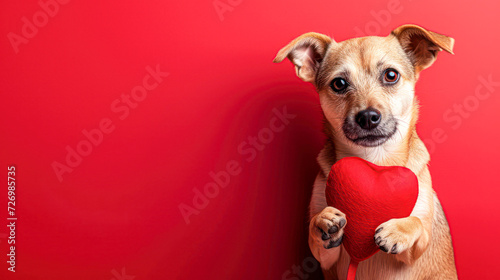 Adorable Dog Holding a Heart-Shaped Pillow, perfect for themes of love, Valentine's Day, or pet affection. © Kowit