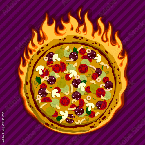Colorful large round pizza framed by fire with transparent colors on striped background. Conceptual design of a restaurant menu. Vector illustration in 
minimal art and flat design style