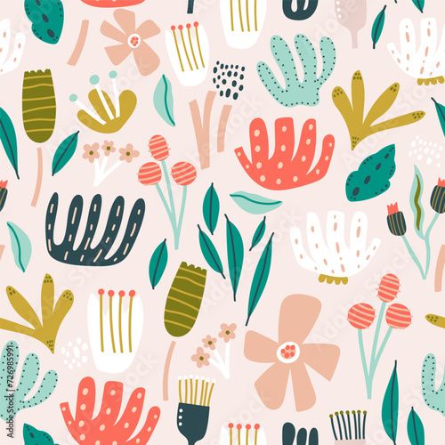 Seamless floral pattern with leaves, flowers and berries. Spring, summer background. Perfect for fabric design, wallpaper, apparel. Vector illustration