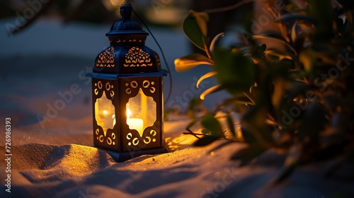 Ornamental Arabic lanterns. Glittering golden bokeh lights on desert