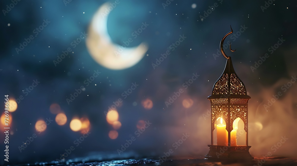 Ornamental Arabic lantern with burning candle glowing at night invitation for Muslim holy month Ramadan Kareem Ornamental Arabic lantern with burning candle glowing at night invitation for Muslim holy month Ramadan Kareem