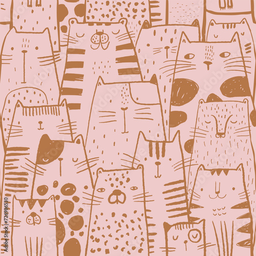 Seamless childish pattern with ink drawn cats. Creative kids hand drawn pink texture for fabric, wrapping, textile, wallpaper, apparel. Vector illustration
