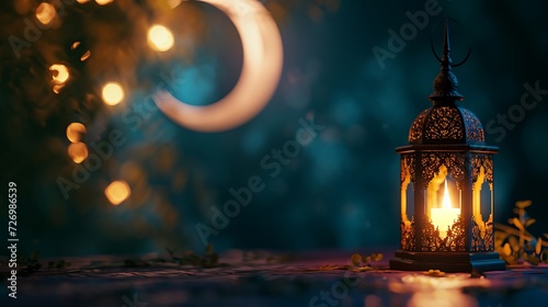 Ornamental Arabic lantern with burning candle glowing at night invitation for Muslim holy month Ramadan Kareem