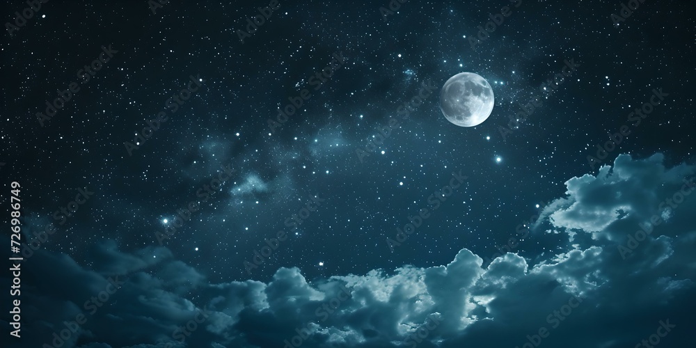 Serene night sky with full moon and twinkling stars. perfect for backgrounds and fantasy settings. dreamy ambiance captured. AI