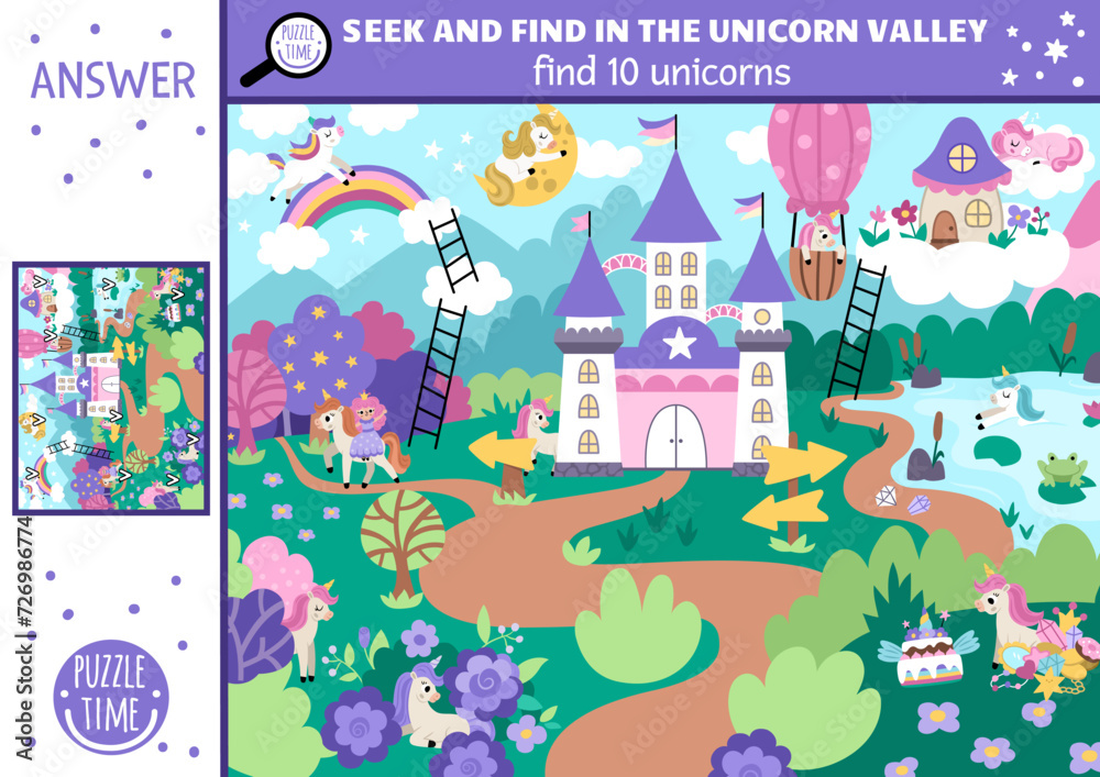 Vector searching game with magic village landscape. Spot hidden unicorns. Simple fantasy or fairytale world seek and find educational printable activity for kids with castle, rainbow, forest.