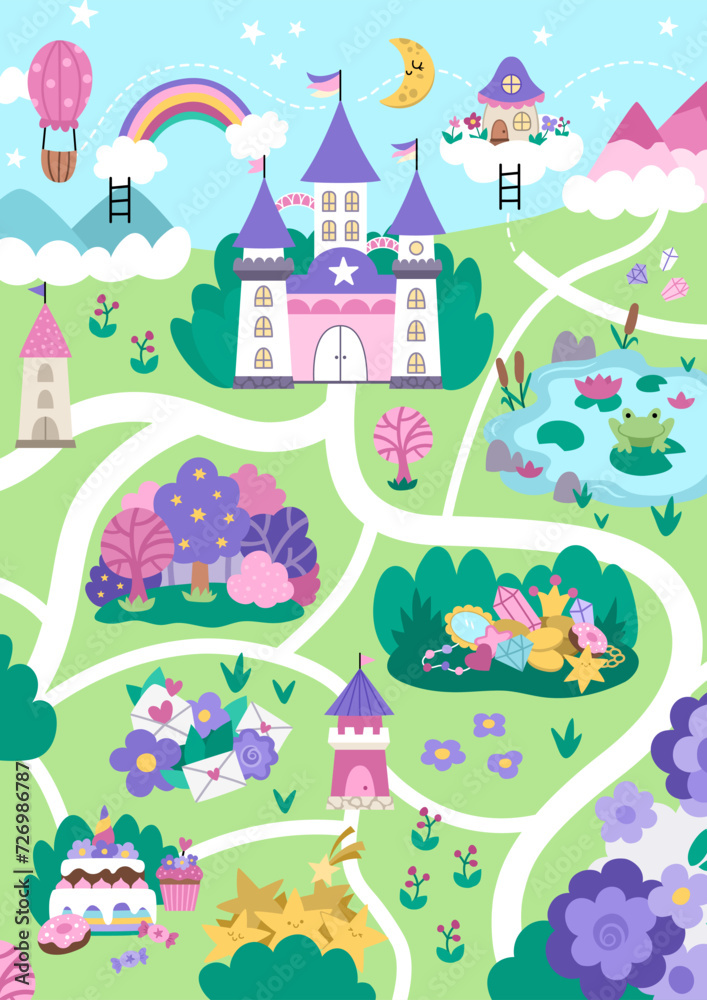 Unicorn village map. Fairytale background. Vector magic country scenes infographic elements with castle, rainbow, forest, pond, road. Fantasy world vertical plan with fallen stars, treasures.