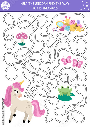 Unicorn maze for kids with fantasy horse and treasures. Magic world preschool printable activity with crystals, crown, gems, butterfly, frog, mushroom. Simple fairytale labyrinth game or puzzle.